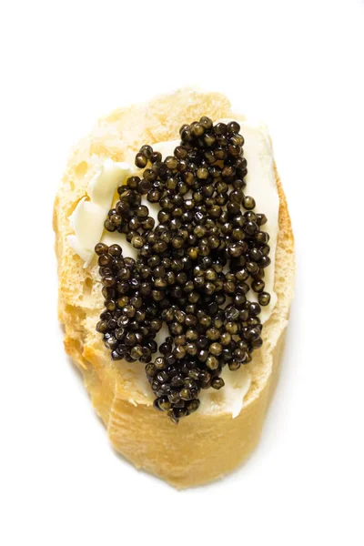 Baguette Felie Caviar Negru Unt Izolat Peste Alb Sturionul Natural — Fotografie, imagine de stoc