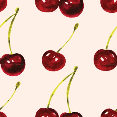 Bej üzerine izole edilmiş suluboya kiraz böğürtlenli kusursuz desen. El boyaması tatlı yaz tatlısı arka planı.