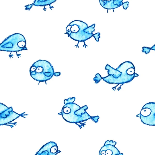 Симпатичные Маленькие Голубые Птички Нарисовали Бесшовный Рисунок Мультфильм Каракули Фон — стоковое фото