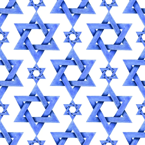 デビッド水彩の背景イラストの星 ユダヤ人のイスラエルの宗教シンボルシームレスなパターン ユダヤ教の看板 青い6点の幾何学的図形 手書き水彩画 絵画材料の壁紙 — ストック写真