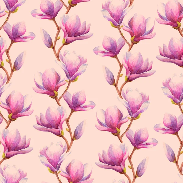 Ручной Рисунок Магнолии Акварели Ветки Тюльпана Розовыми Цветами Бесшовный Узор — стоковое фото