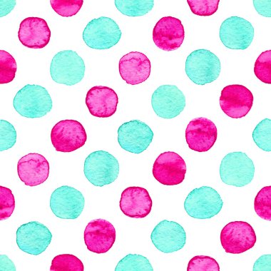 Pembe ve mavi noktalardan yapılmış kusursuz el çizimi suluboya deseni, beyaz üzerine izole edilmiş..