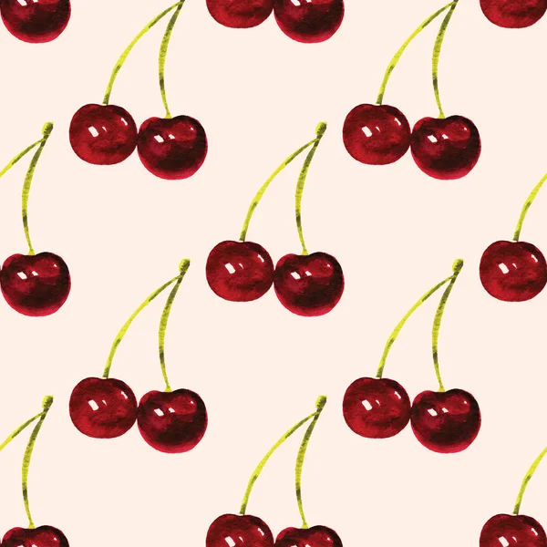 Seamless Pattern Watercolor Cherry Berries Isolated Beige Hand Painted Sweet — Stock Photo, Image