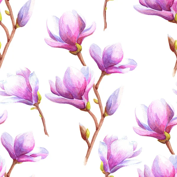 Handgetekende Aquarel Naadloze Patroon Illustratie Van Magnolia Tulp Boom Tak — Stockfoto