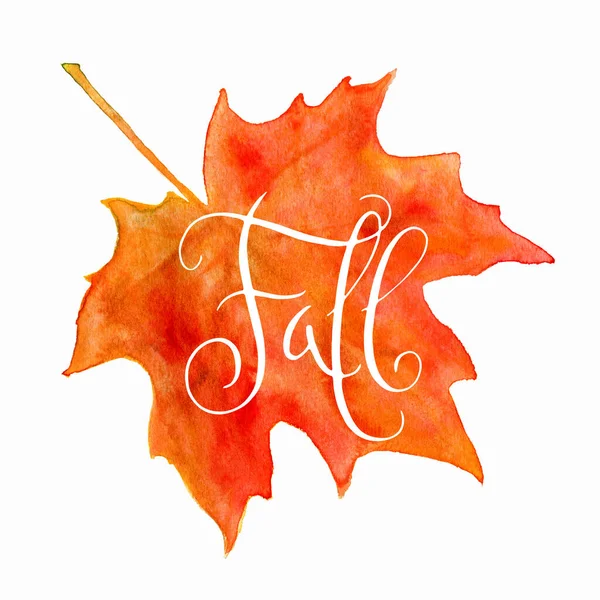 オレンジ色の水彩紅葉と手書きの単語白い背景に孤立秋 — ストック写真