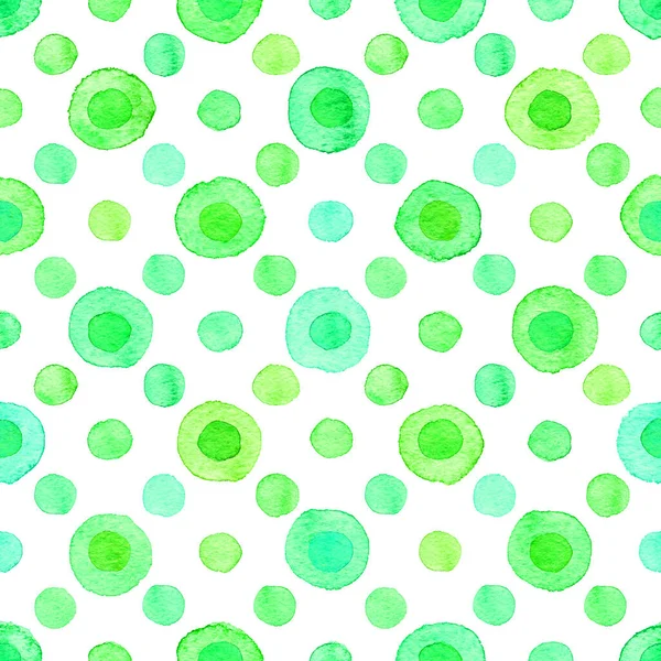 白で分離された丸い緑のドットのシームレスな手描き水彩パターン — ストック写真