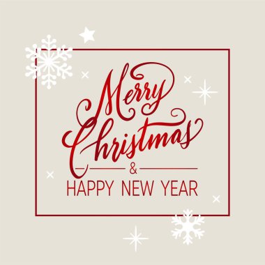 El yazısıyla Noel ve Yeni Yıl selamları, bej üzerine kırmızı ve beyaz harflerle yazılmış modern şenlik el yazısı. Tatil sezonu tasarım element vektör çizimi.
