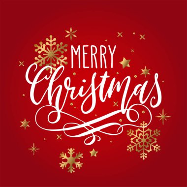Elle yazılmış Noel selamları, kırmızı üzerine beyaz ve altın kar taneleriyle yazılmış modern şenlik el yazısı. Tatil sezonu tasarım element vektör çizimi.
