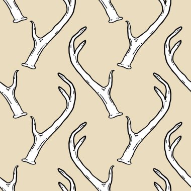 Geyik boynuzlarıyla kusursuz desen. Arkaplan vektör çizimi. Doğa hayvanı bej arkaplan.