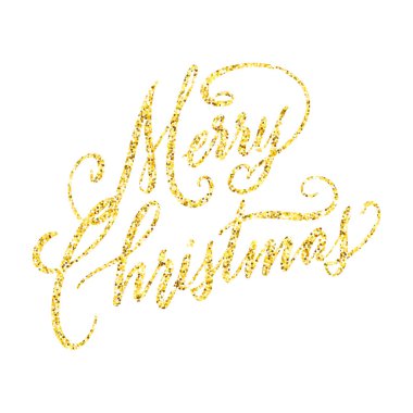 Altın parıltılı harfli mutlu noeller tebrik kartı. El yazısı, beyaz arka planda izole edilmiş altın el yazısı. Xmas tatil vektör illüstrasyonu.