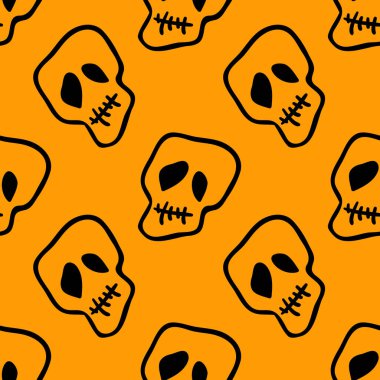 Vektör cadılar bayramı karalama kafatasları kusursuz desen. Parti posteri için tasarım arka planı. El çizimi karikatür çizimi turuncu üzerine siyah.