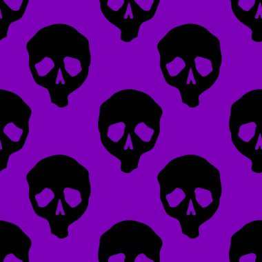 Vektör cadılar bayramı karalama kafatasları kusursuz desen. Parti posteri için tasarım arka planı. Mor üzerine siyah çizilmiş el çizimi karikatür çizimi.