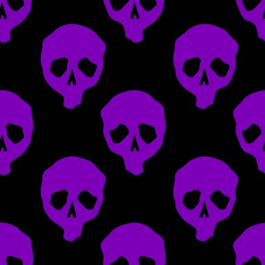 Vektör cadılar bayramı karalama kafatasları kusursuz desen. Parti posteri için tasarım arka planı. Elle çizilmiş karikatür çizimi siyah üzerine mor.