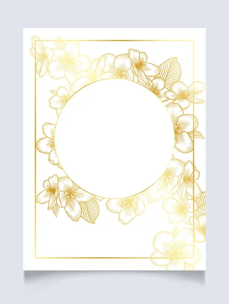花卉植物婚礼请贴精美的卡片模板与苹果花 天然化妆品 女性产品的浪漫设计 金色和白色之间的矢量图解 — 图库矢量图片