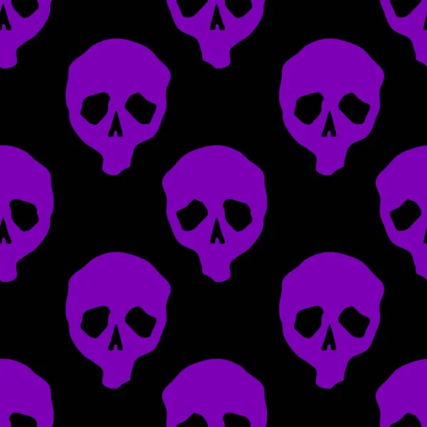 ベクターハロウィーンのドアの頭蓋骨シームレスなパターン パーティーポスターのデザインの背景 手描きの漫画のイラストで黒の上に紫 — ストックベクタ