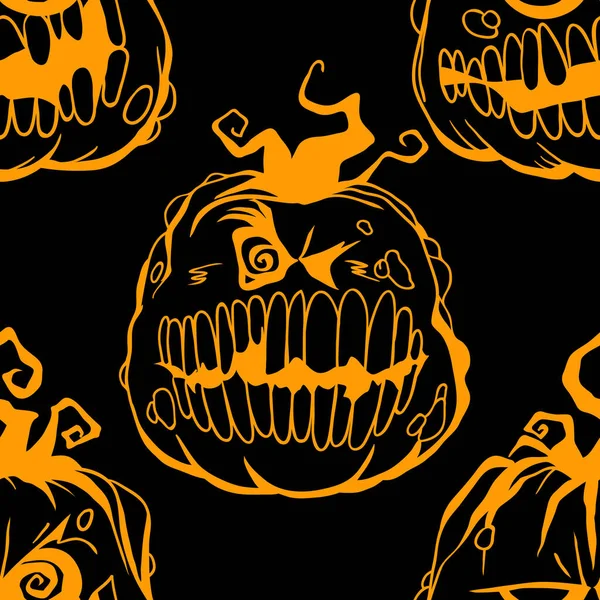 笑顔のカボチャのベクトルハロウィンシームレスなパターン パーティーポスターのデザインの背景 黒とオレンジで手描きの漫画イラスト — ストックベクタ