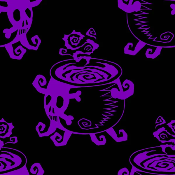 魔方大锅与沸腾药水 病媒万圣节无缝图案 派对海报的设计背景 用紫色画过黑色的手绘漫画 — 图库矢量图片