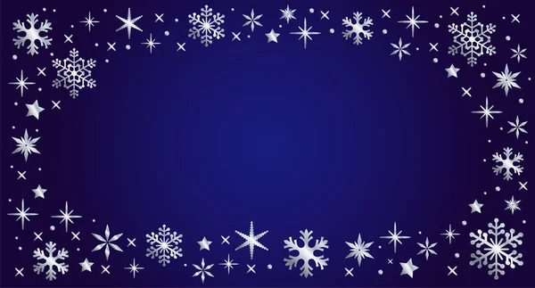 クリスマスホワイトの雪の結晶の空白のフレームベクトル図 コピースペース付きグリーティングカードダークブルーの冬の背景 明けましておめでとうございます — ストックベクタ