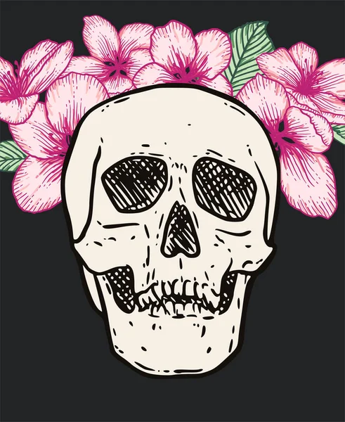 Human Skull Pink Sakura Flowers Isolated Black Background Front View — Stockvektor