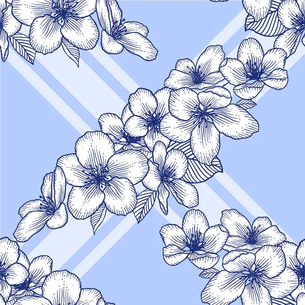 Schöne Nahtlose Weiße Und Blaue Blumenmuster Mit Apfelblüten Natur Botanische — Stockvektor