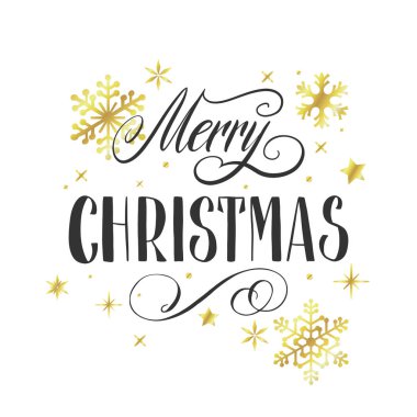 Elle yazılmış Noel selamları, modern şenlikli el yazısı beyaz üzerine siyah harflerle yazılmış altın kar taneleri. Tatil sezonu kart vektör çizimi.