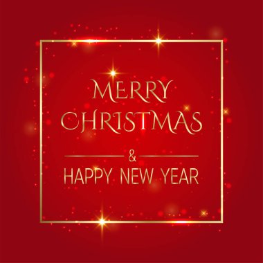 Parlayan bir çerçevede el yazısıyla Noel ve Yeni Yıl selamları, kırmızı yerine altın harflerle yazılmış modern şenlik el yazısı. Tatil sezonu tasarım vektör çizim şablonu.