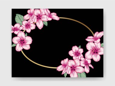 Vektör botanik çiçeği düğün davetiyesi. Pembe elma çiçekleri ve altın çerçeveli siyah zarif kart şablonu. Kutlama kartı ve yıldönümü için romantik karanlık tasarım.