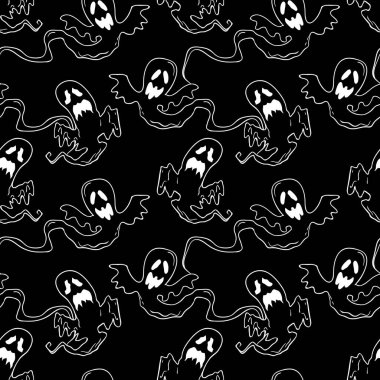 Uçan hayaletler Cadılar Bayramı 'nda siyah ve beyaz desenler çizerler. Parti posteri için tasarım arka planı. El çizimi karikatür çizimi.