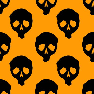 Vektör cadılar bayramı karalama kafatasları kusursuz desen. Parti posteri için tasarım arka planı. El çizimi karikatür çizimi turuncu üzerine siyah.