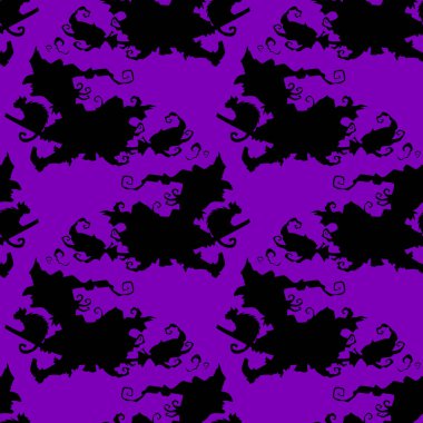 Cadılar Bayramı 'nda süpürge sapasağlam bir cadı. Parti posteri için tasarım arka planı. El çizimi karikatür çizimi siyah ve mor.