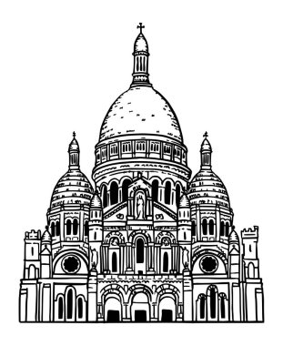 Paris 'teki Kutsal Kalp Bazilikası' nın el çizimi (Basilique du Sacre Coeur de Montmartre). Beyaz arkaplanda vektör çizimi izole edildi. Fransa anıtı simgesi. 