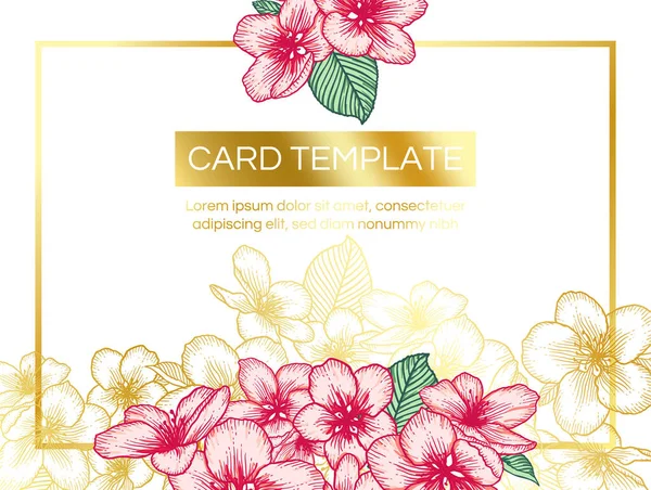 花の植物黄金の結婚式の招待ピンクのリンゴの花とエレガントなカードテンプレート グリーティングカード 天然化粧品 女性製品のためのロマンチックなベクトルデザイン — ストックベクタ