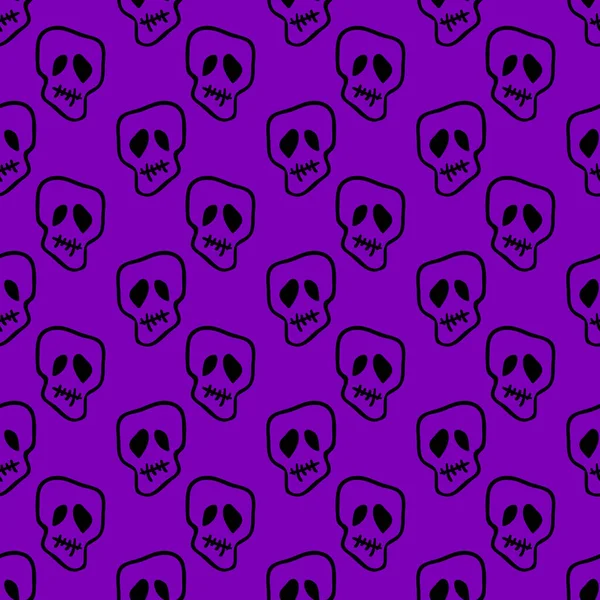 病媒万圣节涂鸦骷髅无缝图案 派对海报的设计背景 用黑色画过紫色的手绘卡通画 — 图库矢量图片