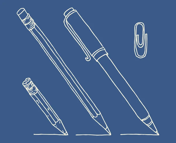 文具集手工绘制矢量涂鸦图解 一支铅笔和一支白色的笔 与蓝色分开 — 图库矢量图片