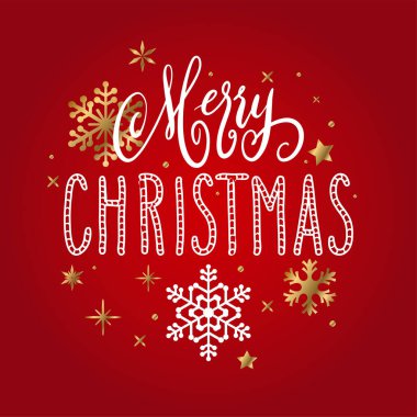 Elle yazılmış Noel selamları, kırmızı üzerine beyaz ve altın kar taneleriyle yazılmış modern şenlik el yazısı. Tatil sezonu tasarım element vektör çizimi.