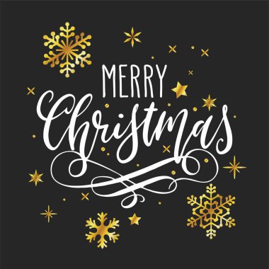 Elle yazılmış Noel selamları, modern şenlikli el yazısı, beyazdan siyaha yazılı, altın kar taneleriyle birlikte. Tatil sezonu tasarım element vektör çizimi.