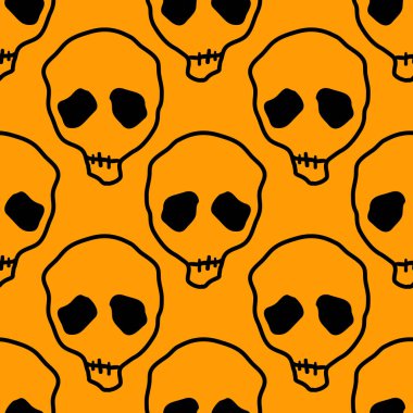 Vektör cadılar bayramı karalama kafatasları kusursuz desen. Parti posteri için tasarım arka planı. El çizimi karikatür çizimi turuncu üzerine siyah.