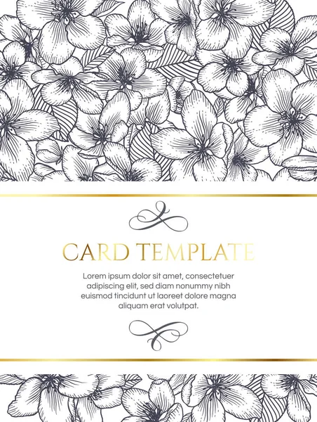 ベクトル植物の花の結婚式の招待エレガントなカードモノクロームテンプレート リンゴの花と金色の枠 グリーティングカード 天然化粧品 女性の製品のためのロマンチックなデザイン — ストックベクタ