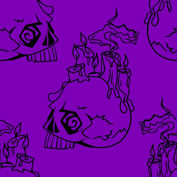 ベクターハロウィン落書きの頭蓋骨 キャンドルシームレスなパターン パーティーポスターのデザイン背景 紫の上に黒で手描きの漫画イラスト — ストックベクタ