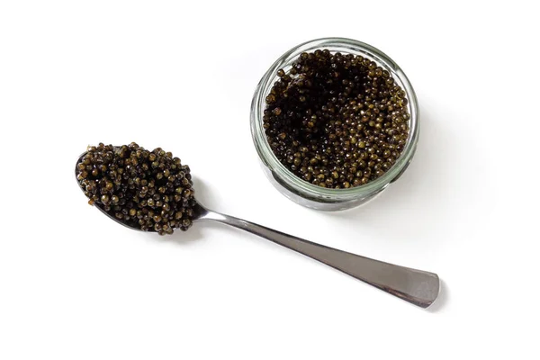 Glass Jar Spoon Black Caviar Isolated White Natural Sturgeon Luxury — Stock Photo, Image