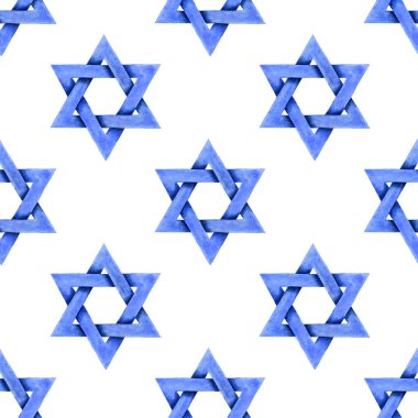 David 'in suluboya arka plan çizimi yıldızı. Yahudi İsrail 'in dini sembolü kusursuz desen. Yahudilik işareti. Mavi altı köşeli geometrik şekil. El yapımı suluboya resim duvar kağıdı. 
