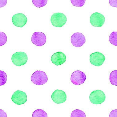 Beyaz bitti izole yuvarlak yeşil ve mor nokta sorunsuz elle çizilmiş suluboya desen yaptı.