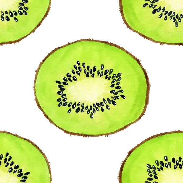Zelená Akvarel Kiwi Plátky Ovoce Bezešvé Vzor Realistická Botanická Akvarel — Stock fotografie