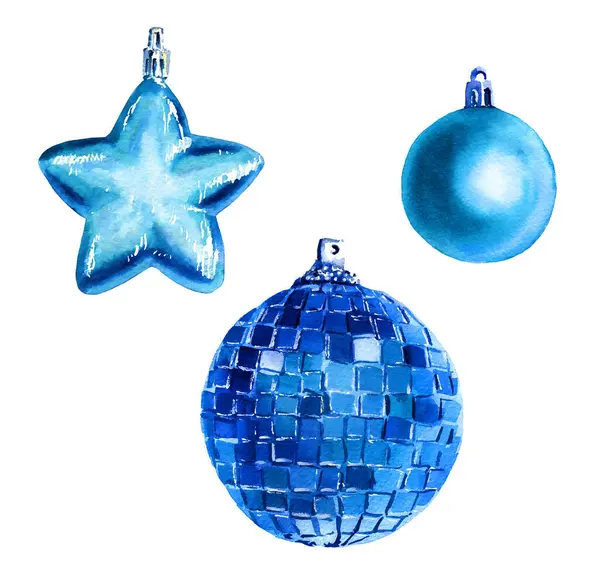 수채화 크리스마스 세트입니다 손으로 디자인 배경에 파란색 일러스트 컬렉션 — 스톡 사진
