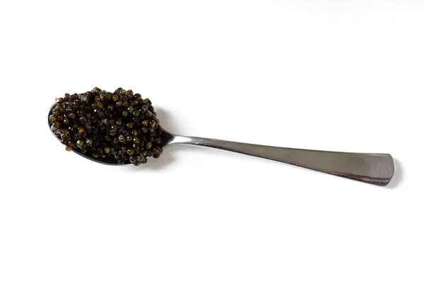 Uma Colher Caviar Preto Isolado Sobre Branco Esturjão Natural Luxo — Fotografia de Stock