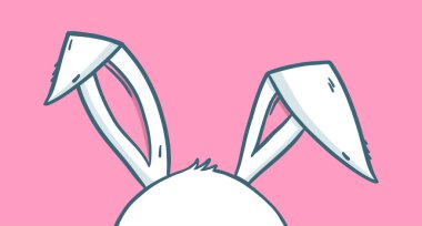 El çizimi beyaz tavşan kulaklı vektör çizimi. Pembe üzerine Paskalya bayramı tasarımı ögesi.