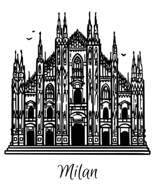 İtalya 'daki Milan Katedrali' nin çizgi çizimi. Mimari turizm simgesi, seyahat yeri. El çizimi siyah ve beyaz çizim