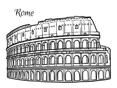 Roma, İtalya 'da Colosseum' un çizgi çizimi. Mimari turizm simgesi, seyahat yeri. El çizimi siyah ve beyaz çizim