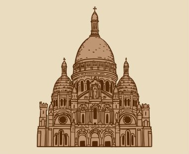 Paris 'teki Montmartre Bazilikası' nın el çizimi tasviri. Klasik renklerle çizilmiş bir çizim. Fransa anıtı simgesi. Meşhur seyahat yeri.