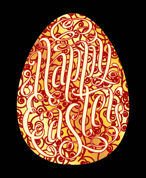 ハッピーイースターグリーティングカード 金と赤の卵のシンボルと手描きのレタリングベクター春のイラスト — ストックベクタ
